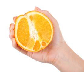 Female hand holding orange isolated on white
