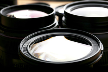 Set of modern camera lenses, macro view