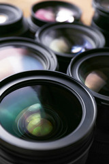 Set of modern camera lenses, closeup