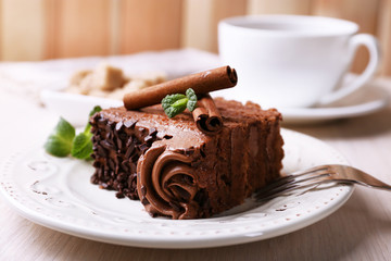 Tasty piece of chocolate cake with mint and cinnamon