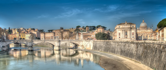 Fototapeta premium Panorama of Rome, Bridge on the River Tiber to the basilica of S