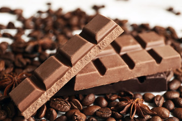 Chocolate with star anise and coffee beans, closeup