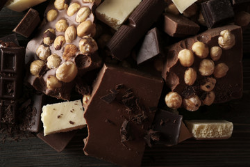 Set of chocolate with hazelnut, closeup