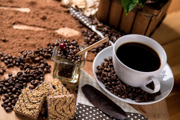 Natural traditional coffee on wooden table