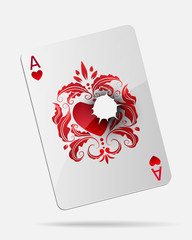 Ace of hearts  with a bullet hole, isolated on white.