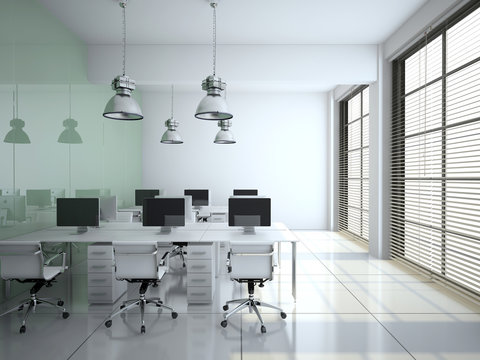 Modern office interior with glass wall 3D rendering