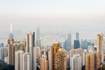 View of skyscrapers in business center of Hong Kong and high hou