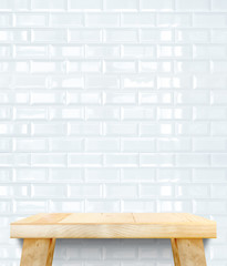 Empty wooden modern table on brick tiles wall,Mock up for displa