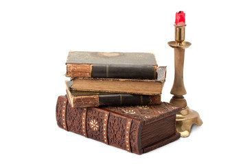 casket ,old books and brass candlestick