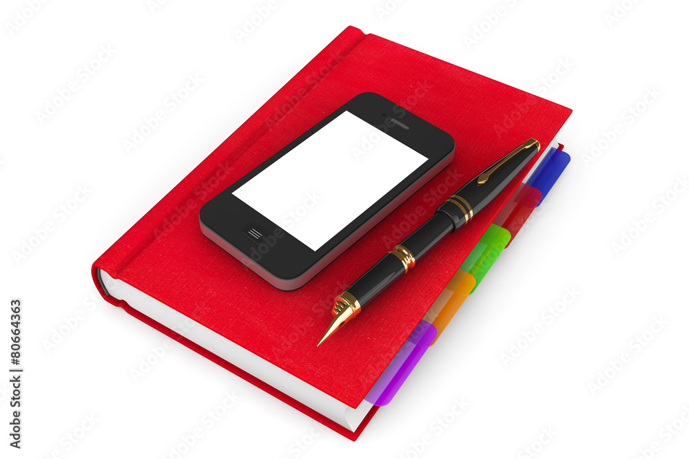 Poster red organizer notebook with mobile phone and pen