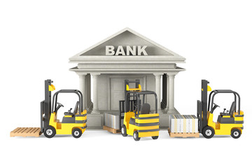 Forklift Trucks moves Stacked Dollars in Bank Building