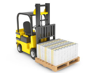 Forklift Truck moves Stacked Dollars