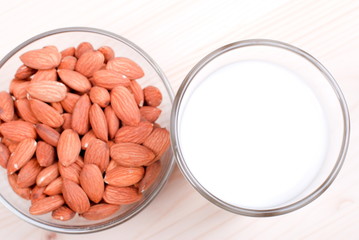 Glassware almond milk on the table top view