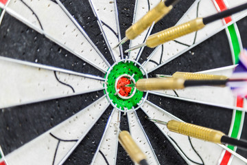 Dart board with darts on bullseye