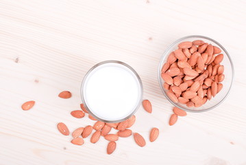Glassware almond milk on the table top view