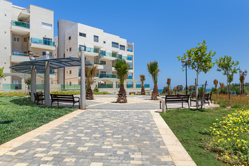 Modern buildings and small square in Ashqelon, Israel.