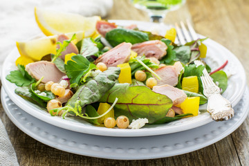Assorted salad with arugula, spinach, chard, chicken, white