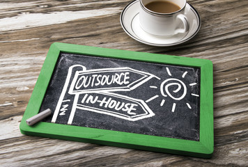 outsource or in-house signpost hand drawing on blackboard