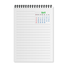 A piece of paper with a calendar for April 2015 vector