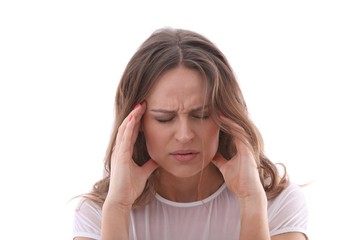 woman with migraine headache (white background)