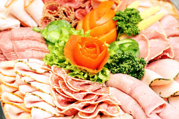 Meat sausage slices assortment on Party Plate