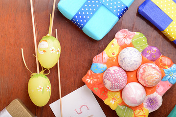 Easter background with eggs and gift box