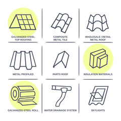 Sale buildings materials (roof, facade) site icons infographics
