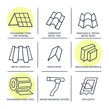 Sale buildings materials (roof, facade) site icons infographics