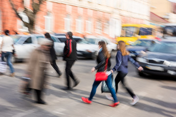 Busy city street people on zebra crossing