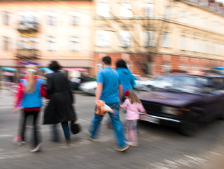 Busy city street people on zebra crossing