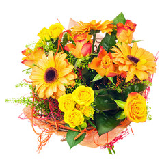 Bouquet of gerbera, roses and other flowers isolated on white.