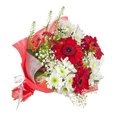 Colorful flower bouquet in red paper isolated on white backgroun
