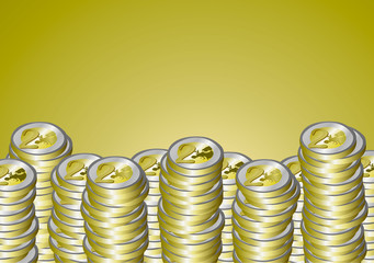 Vector illustration. A pile of euro coins on a gold background.