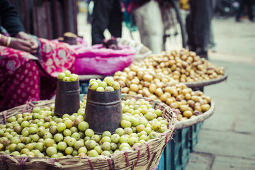 The street vendor sels his fruits and vegetables in Thamel in Ka