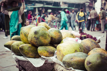 The street vendor sels his fruits and vegetables in Thamel in Ka