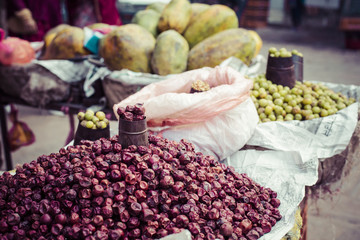 The street vendor sels his fruits and vegetables in Thamel in Ka