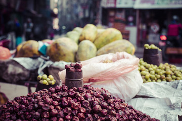 The street vendor sels his fruits and vegetables in Thamel in Ka