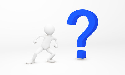 3D human ready to fight with question mark