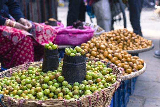 The street vendor sels his fruits and vegetables in Thamel in Ka