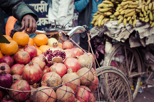 The hawker sell his fruits in Thamel in Katmandu, Nepal.