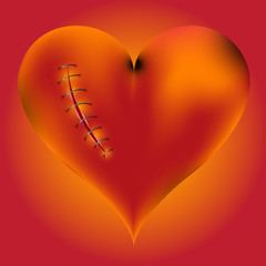 hardwired wounded heart on red-yellow background.