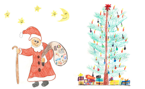 Weihnachtsbaum mit Geschenken und Nikolaus - Kinderzeichnung
