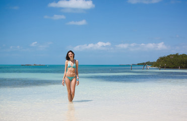 Fototapeta na wymiar Young beautiful woman staying in the tropical blue sea on the wh