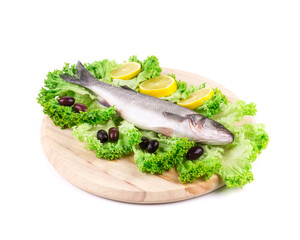 Composition of fresh seabass and vegetables.