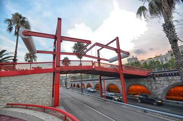 Red pedestrian bridge in Barcelona