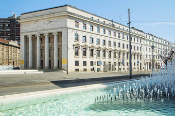 Croatian national bank palace and fountain in Zagreb