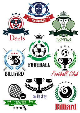 Football, billiards, darts, hockey and tennis logo
