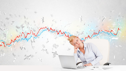 Fototapeta na wymiar Business woman sitting at table with stock market graph