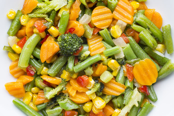 Fried vegetables  in a white plate.