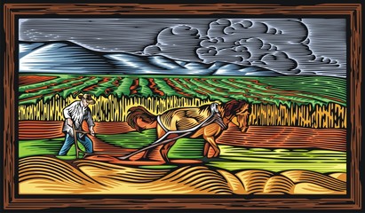 Countrylife and Farming Vector Illustration in Woodcut Style
